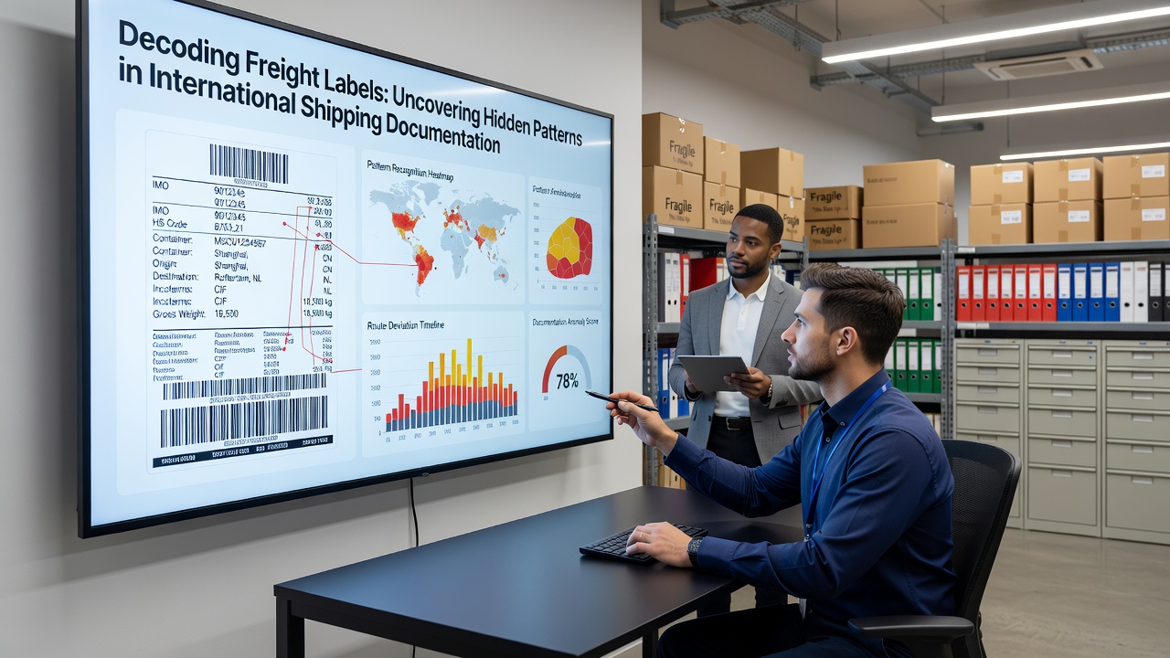 Digital overlay of shipping documentation patterns showing encoded data fields and customs reference numbers