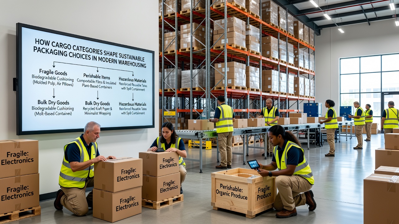 Warehouse workers sorting categorized cargo into sustainable packaging stations with labeled bins for different material types